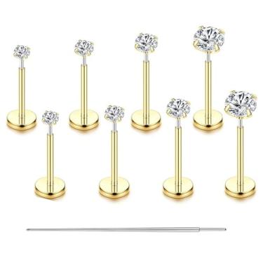 Imagem de EGUARTE Brincos de nariz de zircônia cúbica preenchidos com ouro 14 K para mulheres e homens 316L aço cirúrgico labret brincos de lábio push in Flat Back Stud Earrings CZ Nose Narina Tragus Helix