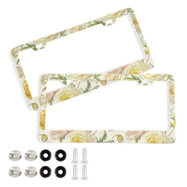Imagem de SEHANY Molduras de placa de licença de flores florais coloridas, capas de moldura de placa de carro de alumínio à prova de ferrugem com orifícios elípticos e parafusos serve para veículos padrão dos