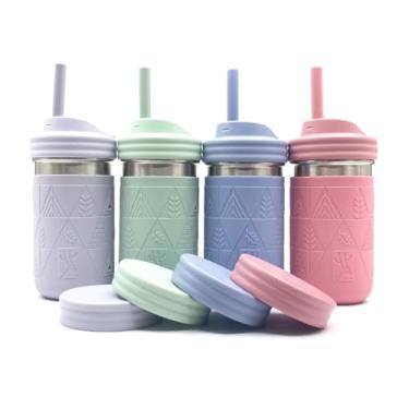 Imagem de Elk and Friends Copos de aço inoxidável de 400 ml | Copos para crianças e crianças com canudos de silicone com rolha | Copos à prova de derramamento para crianças | Copos de smoothie | Podem ser