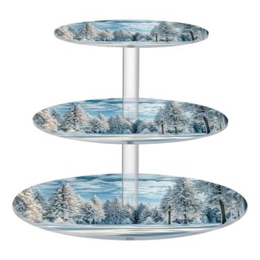 Imagem de CEBUGI Suporte de cupcake de 3 camadas, floresta coberta de neve, suporte redondo para bolo, bandeja de servir em camadas de acrílico para chá, chá de bebê, casamento e mais