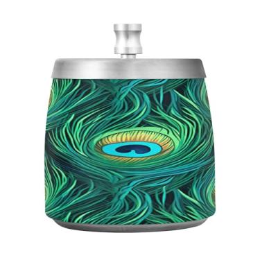 Imagem de Wassud Cinzeiro para cigarros, interior, exterior, penas, pavão, cinzeiro, com tampa, aço inoxidável, à prova de vento, inodoro, mesa, cinzeiro, casa, escritório, pátio, varanda, decoração