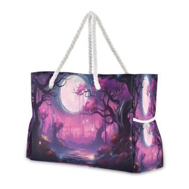 Imagem de Wassud Bolsa de praia grande floresta violeta mística, bolsa de praia para mulheres, impermeável, à prova de areia, bolsa de viagem com zíper e bolso para piscina, academia, acampamento