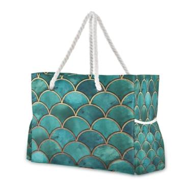Imagem de Wassud Bolsa de praia azul dourado grande bolsa de praia para mulheres, impermeável, à prova de areia, bolsa de viagem com zíper e bolso para piscina academia acampamento