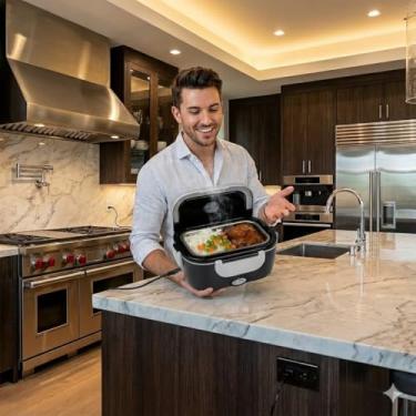 Imagem de Marmita Marmiteira Elétrica Bivolt Automática 1.5L 60W - Aquecedor de Alimentos Portátil sem Água com Divisória e Colher - Preta