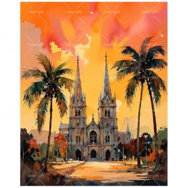 Imagem de Kit de pintura de cena de igreja por números do pôr do sol para adultos - Catedral DIY com palmeiras ao anoitecer, pintura em tela 40,6 x 50,8 cm, conjunto de tinta acrílica para iniciantes, arte para