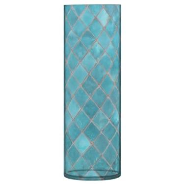 Imagem de JUZIHAI Vaso de mosaico de cerâmica turquesa para flores 9,9 cm x 30 cm Cilindro de plástico moderno vaso de flores para centro de mesa de casamento, decoração de casa