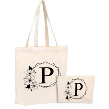 Imagem de Bolsa de lona inicial, presentes personalizados, adequada para casamento, aniversário, praia, férias, trabalho, dia das mães, conjunto de sacolas de cosméticos de Natal e sacola de presente monograma