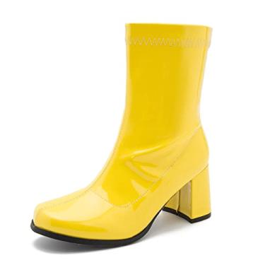 Imagem de LIURUIJIA Botas femininas Gogo cano médio, bico quadrado, com zíper, salto baixo, botas curtas, Amarelo, 35