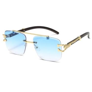 Imagem de Óculos de Sol Retangulares Sem Aro com Armação de Metal, Lentes Grandes Degradê para Viagem, Unissex (Azul)