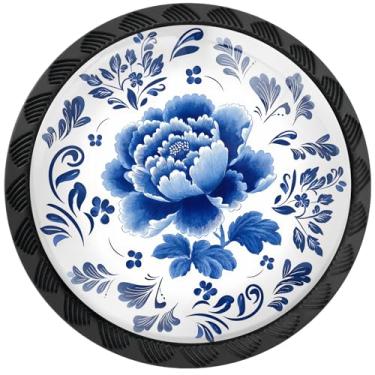 Imagem de Artinhand Pacote com 4 maçanetas de armário de folhas de flor de peônia de porcelana azul e branca puxadores redondos puxadores de gaveta pretos puxadores de porta de armário ferragens para armários