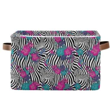 Imagem de Cestas de armazenamento de 36 cm com alças – Cestas de armazenamento decorativas dobráveis de lona para escritório em casa, quarto, flores tropicais, listras zebra, 1 pacote