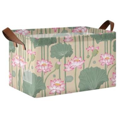 Imagem de Cestas decorativas de flores com folhas verdes para decoração de casa com alças, caixas de armazenamento de armário grande para organização e armazenamento de quarto 42 x 29 x 25 cm, 1 pacote