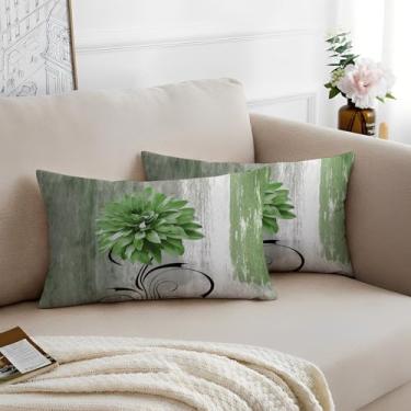 Imagem de Miuyunya Pacote com 2 capas de almofada decorativas com estampa verde moderna, 30 x 50 cm, arte de 30 x 50 cm, pintura a óleo abstrata, fronhas com zíperes, decoração de casa de fazenda para sofá