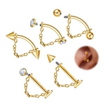 Imagem de ALACLO 5 peças de piercing labial vertical labret 16G joia tragus helix torre piercing joias com corrente labret stud cartilagem brincos para mulheres 10 mm ouro