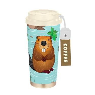 Imagem de TSENQUE Copo de café de viagem de 473 ml com revestimento cerâmico, copo de café de aço inoxidável com canudo e tampa de filme, copo isolado a vácuo, animal com estampa de animais fofos