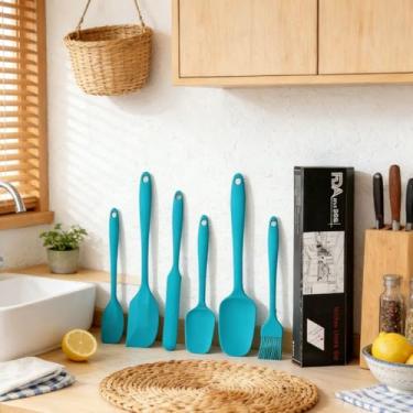 Imagem de Conjunto de espátulas de silicone azul com 6 peças – Utensílios de cozinha resistentes ao calor para assar e cozinhar