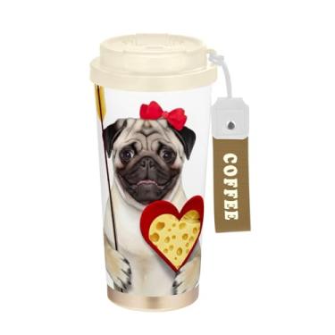 Imagem de TSENQUE Caneca de café fofa Cupid Pug Love Dog, para viagem, 40 ml com canudo e tampa, canecas de café de parede dupla isoladas a vácuo com revestimento cerâmico para escola, escritório, festa