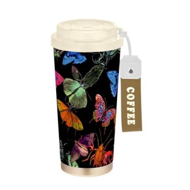 Imagem de TSENQUE Copo para caneca de café de viagem de 473 ml, copo de café de viagem com revestimento cerâmico com canudo e tampa, copo isolado a vácuo de aço inoxidável, borboletas coloridas pretas estéticas