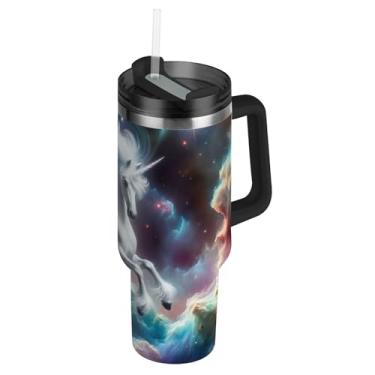 Imagem de Joisal Unicórnio Starlit Cosmic Cloud Tumblers com tampa e canudos Garrafas de água de aço inoxidável isolado copo de 850 g com alça impresso garrafa de água cabe no copo do carro