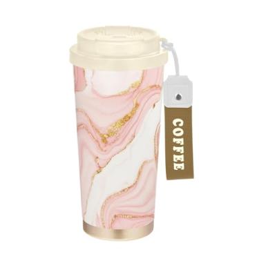 Imagem de TSENQUE Caneca de café de viagem de 473 ml com tampa de canudo e filp, copo de café de viagem de aço inoxidável isolado a vácuo à prova de vazamento, espirais de mármore branco rosa dourado