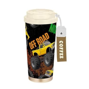 Imagem de TSENQUE Copo de café de 473 ml com canudo e tampa de enchimento, copo de café de aço inoxidável à prova de vazamento para acampamento de festa de escritório, escola, acampamento, caminhão monstro