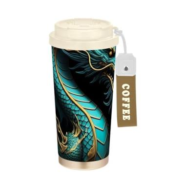 Imagem de TSENQUE Caneca de café de viagem 40 ml com canudo e tampa, revestimento cerâmico isolado a vácuo copo de café de aço inoxidável à prova de vazamento, dragão chinês azul preto legal