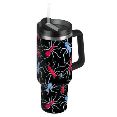 Imagem de Joisal Copos de aço inoxidável com tampas e canudos vermelho macio formigas azuis preto carros caneca de café bebida quente à prova de vazamento 1,134 g copo com alça garrafas de água isoladas