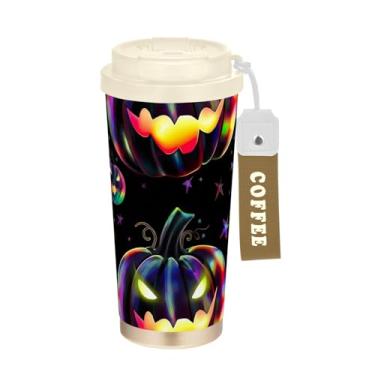 Imagem de TSENQUE Copo de café de 473 ml com revestimento cerâmico, copo de café de aço inoxidável com tampa e canudo, copo isolado a vácuo, cores arco-íris abóboras preto