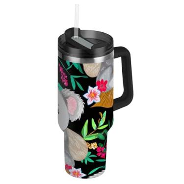 Imagem de Copos fofos de folhas de flores coloridas de ramos de coalas com tampa e canudo rosa fofo copo de 850 g com alça garrafa de água isolada xícaras de café quente de aço inoxidável para carro