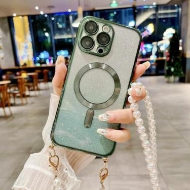 Imagem de Capa para Samsung Galaxy S24 FE S25 S23 Ultra S21 S20 S22 Plus, com cordão magnético e pérola, alça transversal, capa com glitter, verde, para S25 Plus