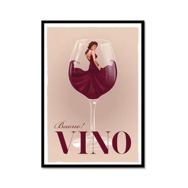 Imagem de Impressões em tela engraçadas italianas de comida e bebida – Pôster retrô de mulher em vidro com Limoncello Spaghetti Vino Pasta Cozinha Bar Decoração de parede (SKU2,12 x 45,7 cm = (30 x 45 cm