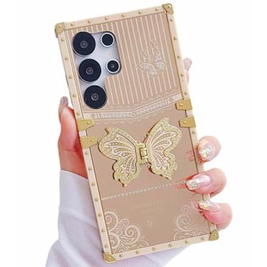 Imagem de MUGCOFF Capa fofa para Samsung Galaxy S25 Ultra com suporte de borboleta, suporte ajustável, espelho retangular dourado e brilho brilhante para mulheres e meninas, capa protetora à prova de choque de