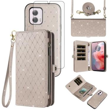 Imagem de Asuwish Capa de celular para Motorola Moto G Power 5G 2024 com zíper carteira destacável com protetor de tela de vidro temperado alça transversal alça flip glitter porta-cartão slot G5 mulheres