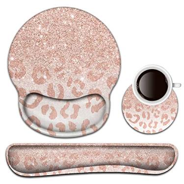 Imagem de Descanso de pulso e mouse pad com suporte de pulso, porta-copos de gel ergonômico, confortável e leve para facilitar a digitação, alívio da dor, conjunto de mouse com teclado de espuma de memória, estrela de leopardo rosa