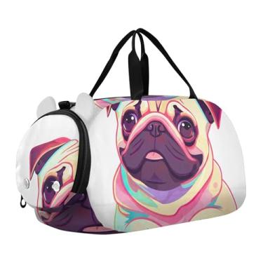 Imagem de Bolsa esportiva para meninos, bolsas noturnas, linha de coração, rosa, dia dos namorados, branca, bolsa de viagem para meninas, compartimento para sapatos, Arte pop fofa de cachorro Pug, Clássico