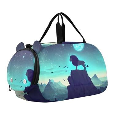 Imagem de Bolsa esportiva de viagem para meninos, burro, desenho animado, cavalo, durante a noite, para o fim de semana, bolsas de viagem, bolsa esportiva de dança, Lobo fantasia uivando lua azul, Clássico
