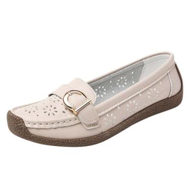 Imagem de Mocassins femininos fashion casual versátil oco macio inferior grosso confortável primavera e verão moda casual, Bege, 39