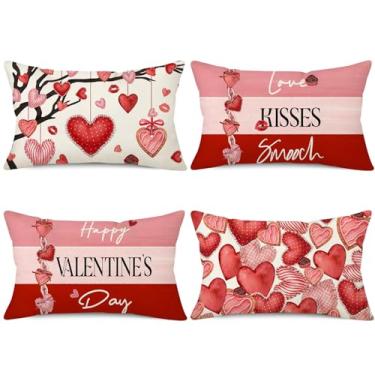Imagem de NIGHTWISH Conjunto de 4 capas de travesseiro de Dia dos Namorados Love Hearts com listras vermelhas Love Kisses Smooch Valentine capa de almofada de férias para decoração de casa (30,5 cm x 50,8 cm)