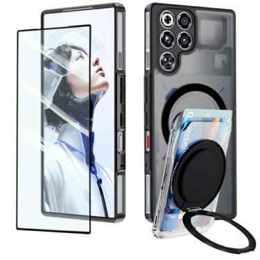 Imagem de Guizzcg Capa para ZTE Nubia Red Magic 11 Pro/11 Pro+ com suporte de cartão magnético, amortecedor de TPU macio + parte traseira translúcida fosca de policarbonato militar airbags proteção contra