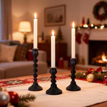 Imagem de Castiçais, 3 peças de castiçal preto rústico para velas de pilar, castiçais decorativos de madeira maciça 100% castiçais decorativos de madeira envelhecida grande para mesa de lareira