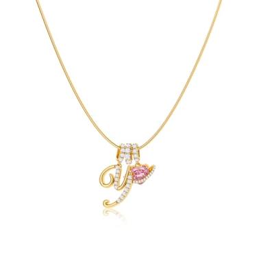 Imagem de Robaice Colar feminino banhado a ouro 14 K, pingente de letra de coração planeta rosa com corrente redonda de espinha de peixe, joia que não mancha. Presente para ela, 16'' + 2'' extender, Metal, Sem