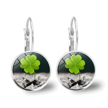 Imagem de Brinco feminino de trevo de quatro folhas para o dia de São Patrício, simples, gota da sorte, delicado, pequeno, pingente de argola, trevo irlandês, trevo verde, flores, acessórios para festivais