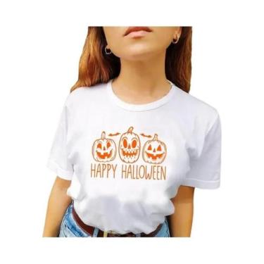 Imagem de Camiseta Feminina Laranja Com Estampa De Abóbora De Halloween Engraçad