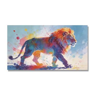 Imagem de NHLDZYH Arte abstrata de respingos de leão, pintura colorida de animais em tela, decoração de parede expressiva moderna para sala de estar ou escritório. A101. 50x90cm-19,7x35,5 pol. Somente tela