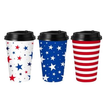 Imagem de AnyDesign Copos de café descartáveis patrióticos com tampas 473 ml vermelho azul branco estrela listra copos de café para viagem para 4 de julho Independence Veterans Day Utensílios de mesa, 48 peças
