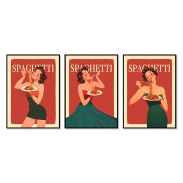 Imagem de Pôster Vintage Italian Foods Mulher Comendo Espaguete Pôsteres Ilustração Arte Pintura Impressão Massa Comida Cozinha Decoração de Parede (SKU4-3PCS, 16x24" = (40 x 60 cm), Moldura de metal preto)