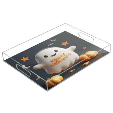Imagem de xigua Bandeja de servir de acrílico fantasma de Halloween com alças à prova de derramamento, bandejas decorativas de festa de Halloween, bandeja organizadora de bancada para banheiro, cozinha, 30,5 x