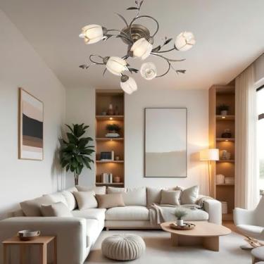 Imagem de Luminária de teto retrô em ferro antigo para sala de estar, com cúpula de vidro fosco em formato de flor. Lustre estilo campestre, ideal para cozinha, quarto, banheiro e hall de entrada.