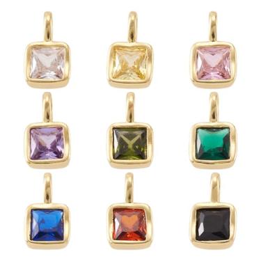 Imagem de Craftora 9 peças pingentes quadrados de zircônia cúbica pedra do mês de nascimento latão banhado a ouro pequenos pingentes de cristal com anel de salto para colar, pulseira, brinco para fabricação de