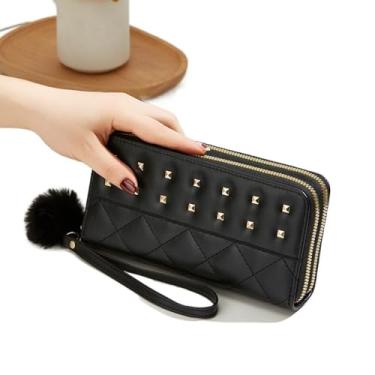 Imagem de Bolsa feminina longa de armazenamento casual macia feminina clutch carteira rebites bolsa quadrada para cartão senhora (preta longa)